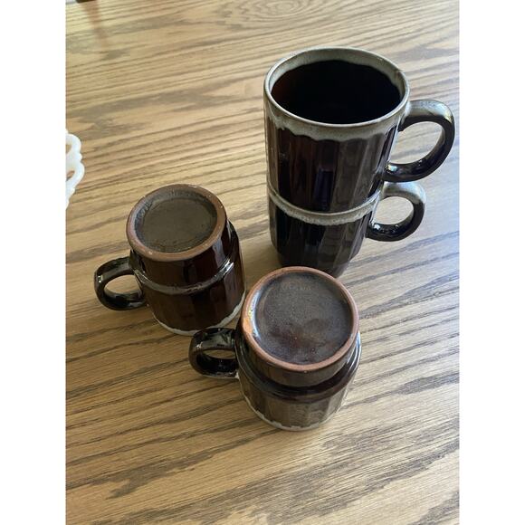 Vintage Midcentury Brown Drip Glaze Stackable Clay Coffee Mugs Set of 4 - Picture 4 of 7
